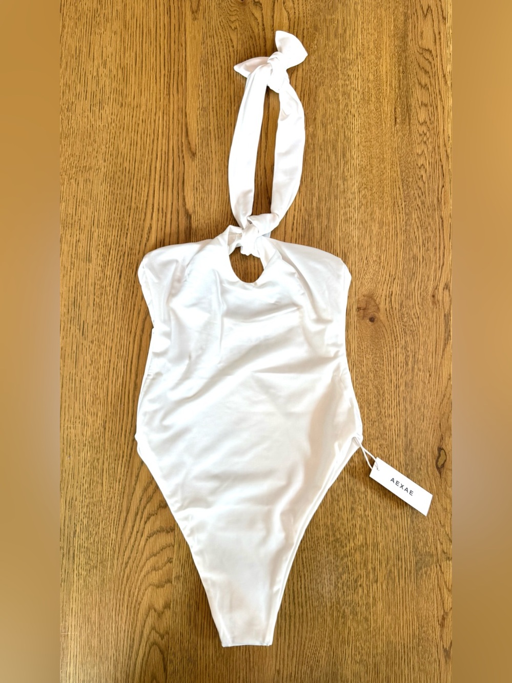 Aexae White Halter One Piece Swimsuit Keyhole Ruched Size S NWT